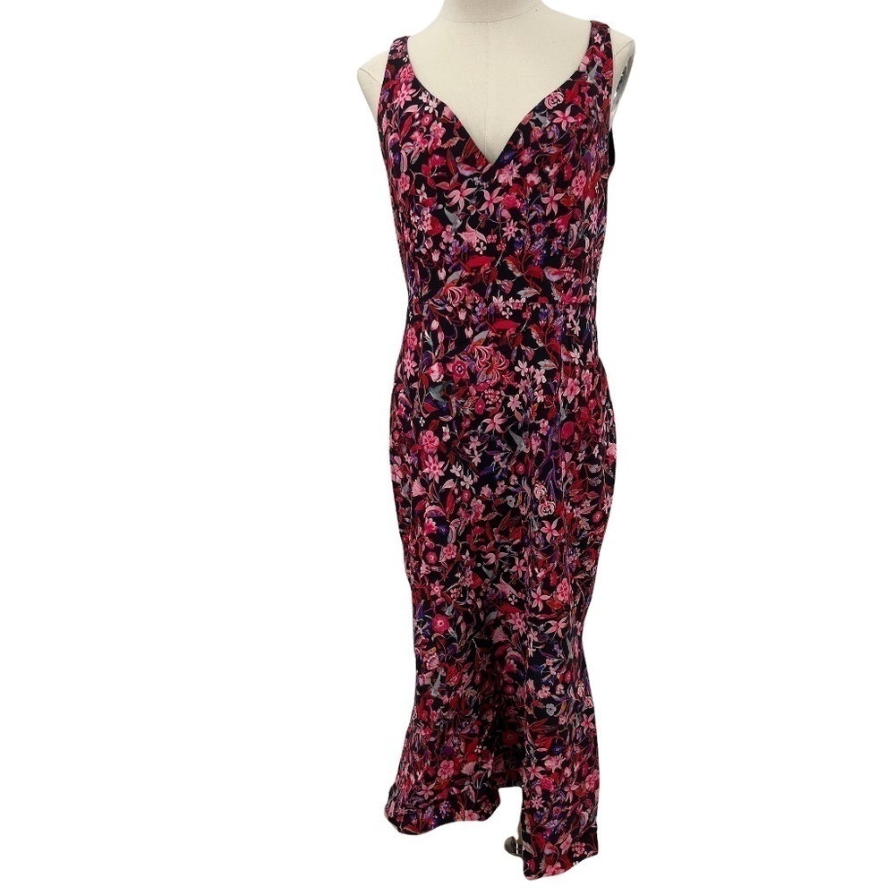 Elie Tahari Sleeveless Red Floral Lined Midi V-Neck Dress Size 8